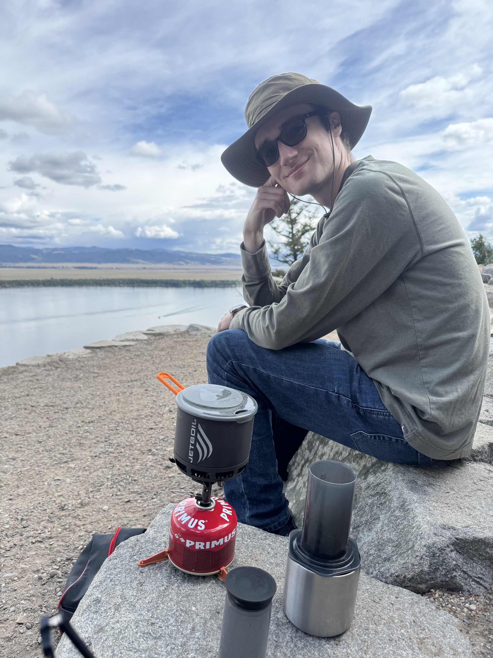 Me brewing coffee above Jenny Lake