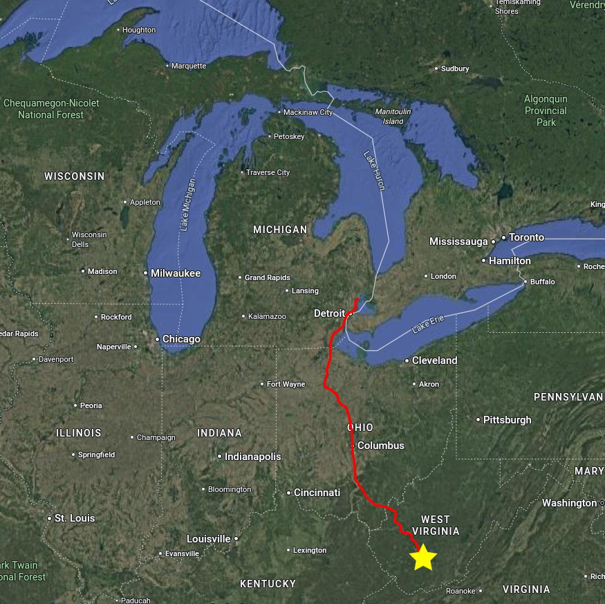 Map of our trip to West Virginia