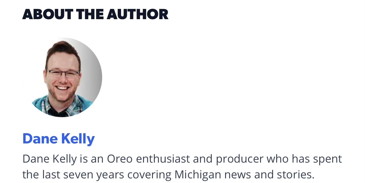 Dane Kelly&rsquo;s bio mentioning Oreos