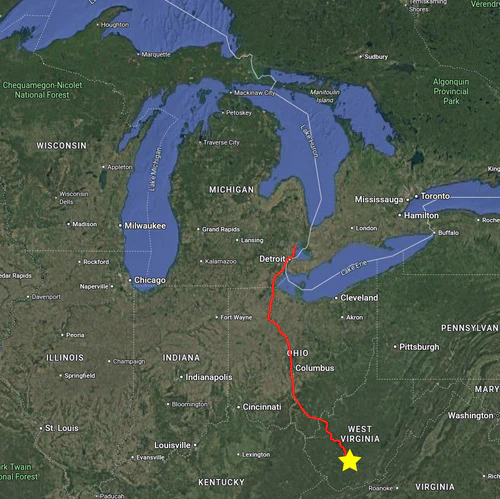 Map of our trip to West Virginia