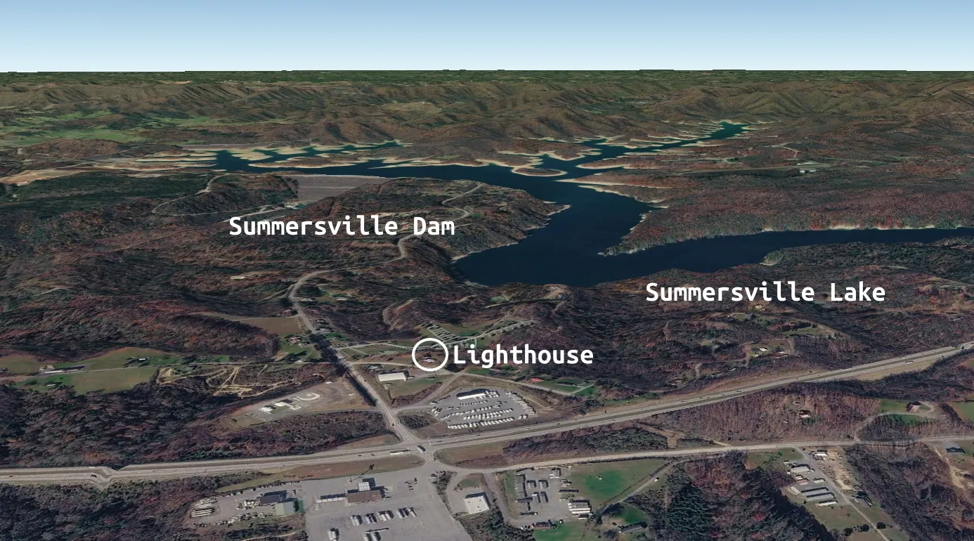 3D terrain view of Summersville Lake Lighthouse